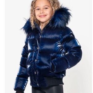 Appaman Shiny navy jacket with Faux Fur Trim